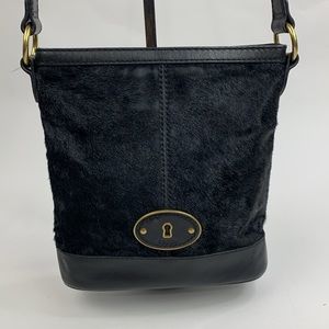 Fossil Leather Crossbody Bag Fur design and brass hardware Zip Close Lined